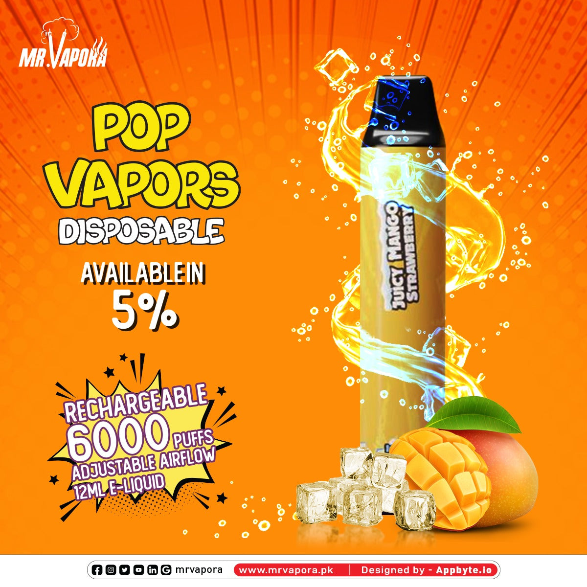 POP DISPOSABLE - JUICY MANGO STRAWBERRY ICED - 6000PUFFS 5% - MrVapora.pk