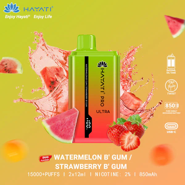 HAYATI PRO ULTRA WATERMELON B' GUM/ STRAWBERRY B' GUM 15000 PUFFS - MrVapora.pk