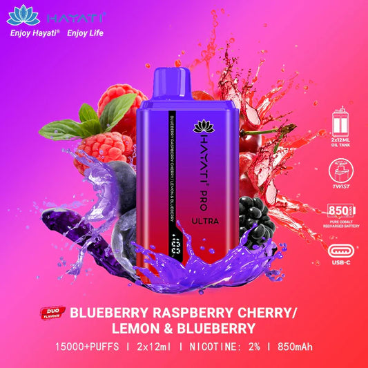 HAYATI PRO ULTRA  BLUEBERRY RASPBERY CHERRY / LEMON & BLUEBERRY 15000 PUFFS - MrVapora.pk
