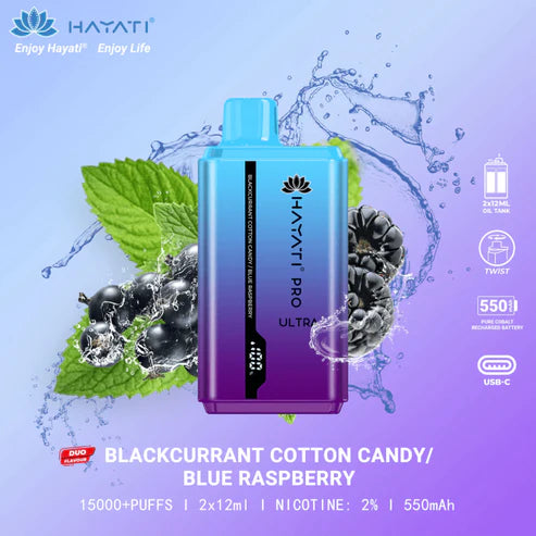 HAYATI PRO ULTRA BLACKCURRANT COTTON CANDY / BLUE RASPBERRY 15000 PUFFS - MrVapora.pk