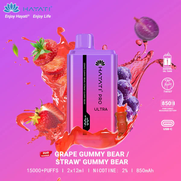 HAYATI PRO ULTRA GRAPE GUMMY BEAR / STRAW' GUMMY BEAR 15000 PUFFS - MrVapora.pk