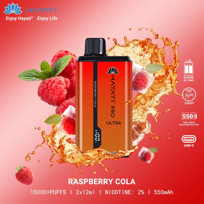 HAYATI PRO ULTRA  RASPBERRY COLA 15000 PUFFS - MrVapora.pk